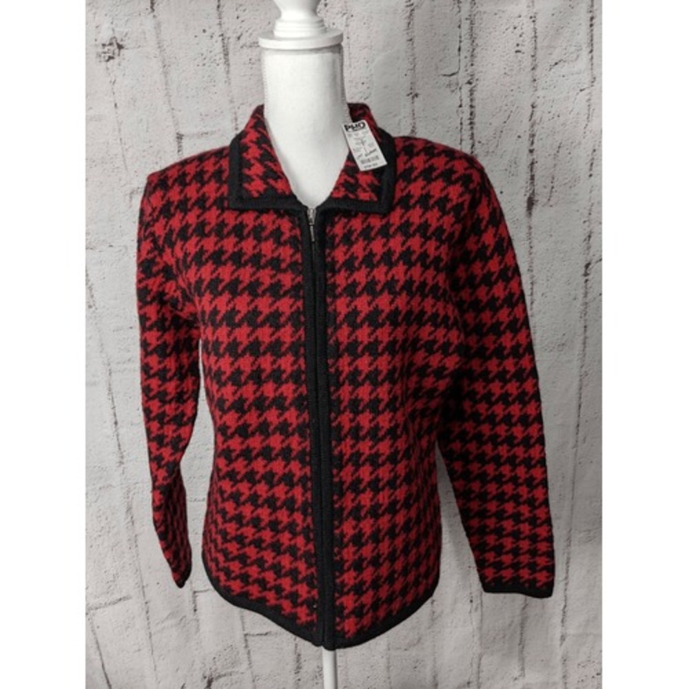 Paul Harris Design Vintage 100% Wool Red Houndstooth Full zip Cardigan Sweater N